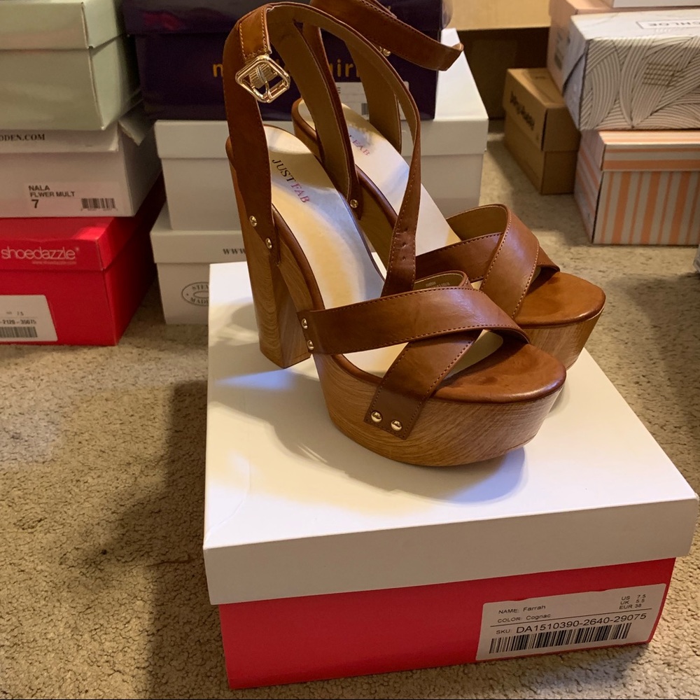 Cognac heeled sandals. New with box.